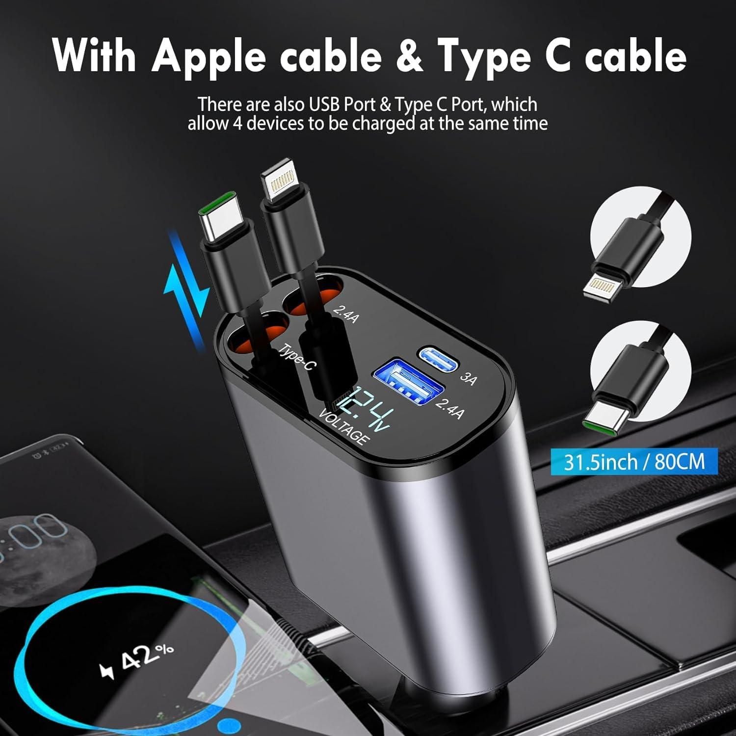 Buy Retractable Car Charger – Dual USB Type C & A Fast Charging