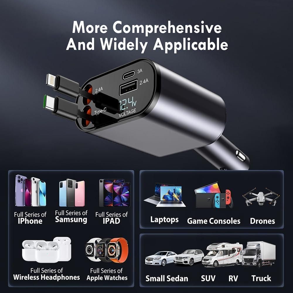 Buy Retractable Car Charger – Dual USB Type C & A Fast Charging
